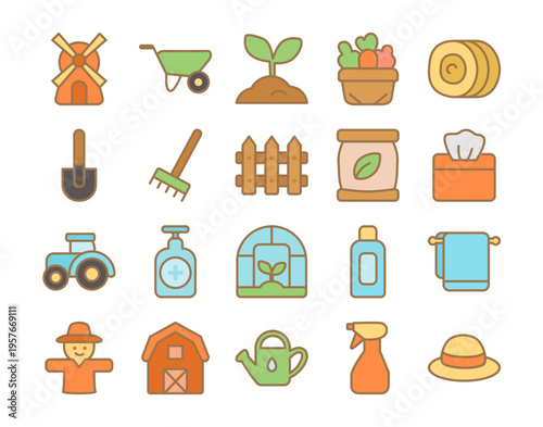 Agriculture And Gardening Line Icon Set Featuring Farm Tools Tractor Greenhouse Organic Elements And Rural Equipment