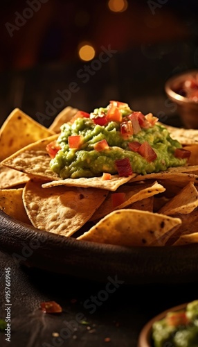 Piled tortilla chips with guacamole and diced tomato