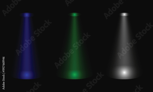 Three colorful cylindrical shapes on a black background with varying light effects