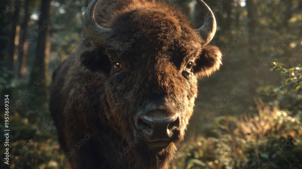 Obraz premium Large bison stands in a forest during the early morning light with trees and soft ground visible around it