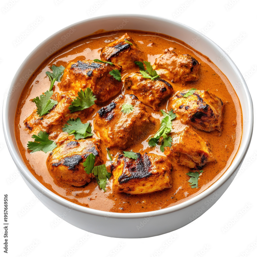 Fototapeta premium Delicious indian style grilled chicken tikka masala in white bowl with herbs transparent background