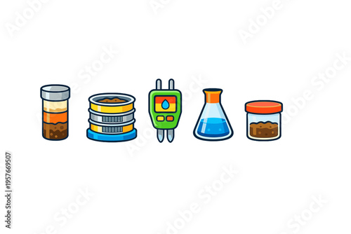 A collection of five colorful flat icons representing soil testing