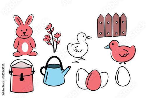 Cute cartoon rabbit, duck, and chicken with eggs and garden tools. Pink flowers bloom beside a wooden fence. Bucket and watering can rest nearby