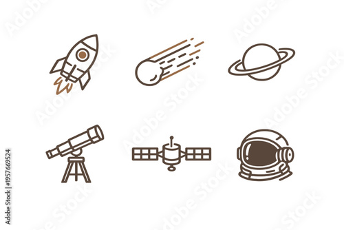 A collection of six space exploration icons featuring a rocket ship