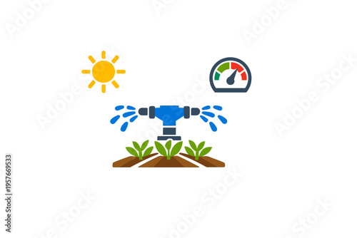 A flat vector illustration showing a smart irrigation system with a