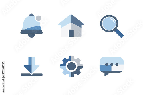 Set of six flat design user interface icons in blue and gray shades