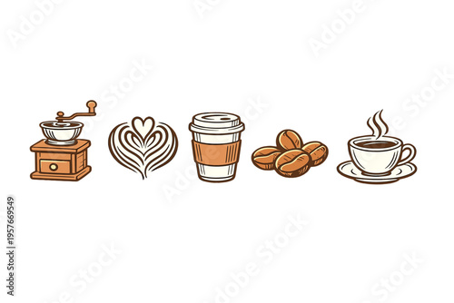 A set of five vintage-style coffee illustrations including a manual