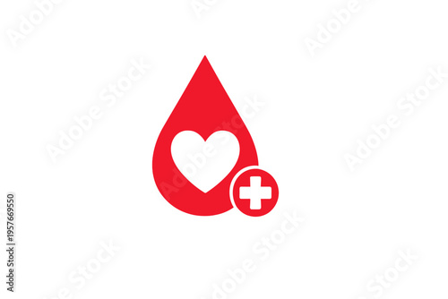 A minimalist red blood drop icon featuring a white heart in the