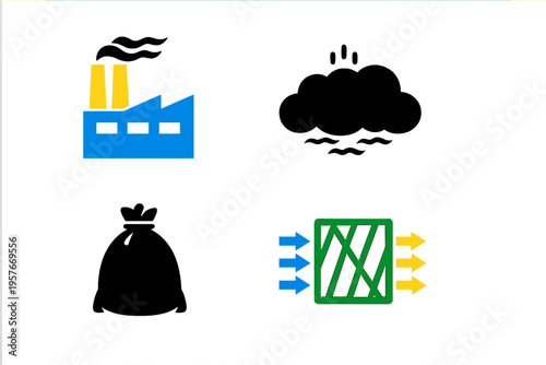 A set of four flat vector icons representing environmental issues and
