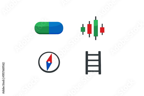 A set of four minimalist icons featuring a bi-color capsule pill, a