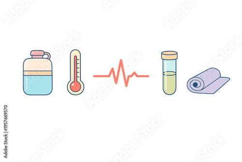 This set of health-related icons includes a water flask, a medical