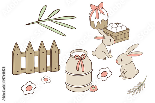 Cute rabbits sit near a wooden fence. They're beside a jar tied with a ribbon. Basket holds eggs tied with a bow. Flowers and leaves scatter around