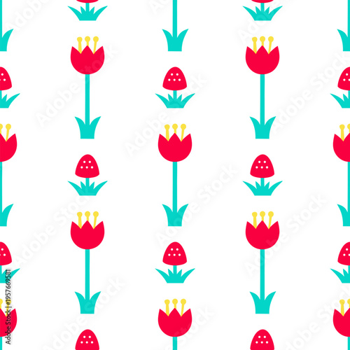 Bright red tulips with green stems and yellow centers. Pattern repeats evenly across a white background. Bold. Vibrant colors make it eye-catching