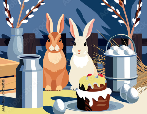 Two rabbits sit beside a cake and eggs. Blue-toned setting includes milk containers and willow branches