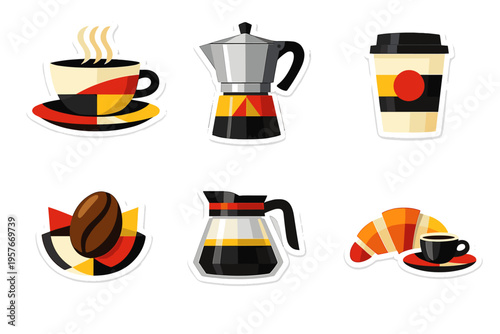 A collection of six coffee-themed flat vector stickers featuring a