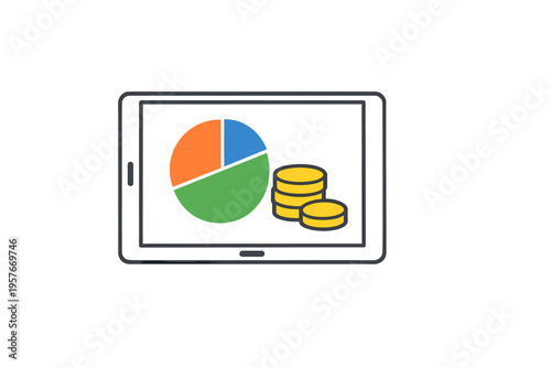 A flat vector illustration of a digital tablet showing a colorful pie
