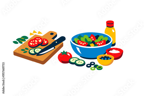 A flat vector illustration showing the preparation of a fresh salad