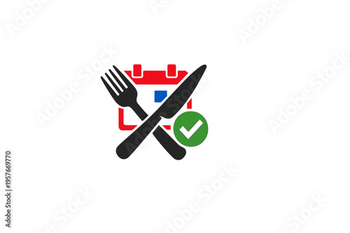 This flat vector icon features a red calendar with crossed black fork