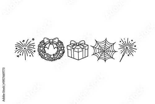 A set of five black and white hand-drawn holiday icons including a