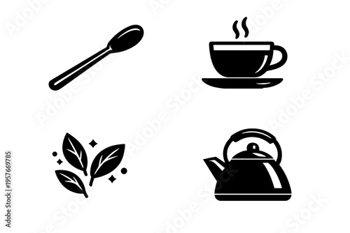 A set of four black and white minimalist icons representing a tea