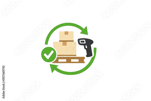 A flat illustration of cardboard boxes on a wooden pallet with a