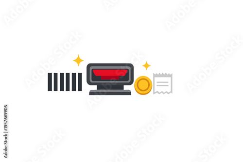A flat illustration featuring a barcode scanner with a red screen, a
