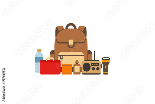 A flat vector illustration of an emergency survival kit featuring a