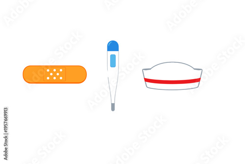 A set of three medical icons including an orange adhesive bandage, a