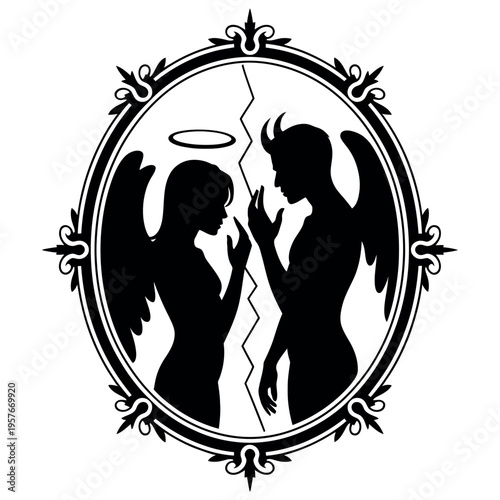 Conceptual silhouette illustration of winged figures representing inner conflict of morality within ornate oval mirror frame with cracked glass dividing sides