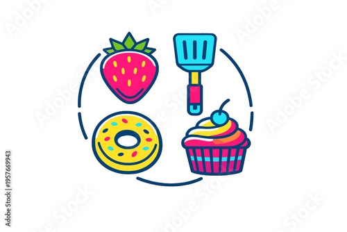 A flat vector illustration featuring a strawberry, a kitchen spatula