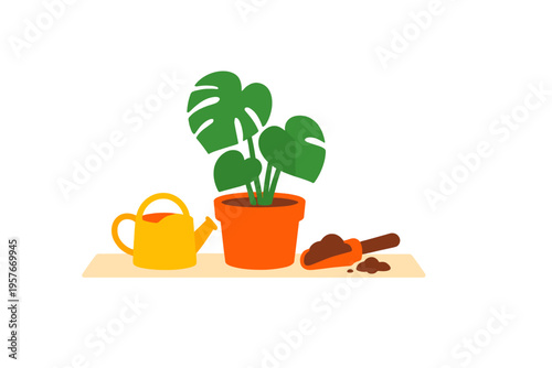 A flat vector illustration featuring a green potted Monstera plant
