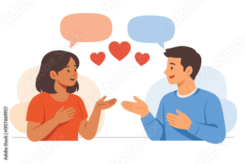 A flat vector illustration of a young man and woman engaged in a