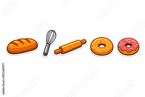 A collection of bakery-themed stickers featuring a loaf of bread, a