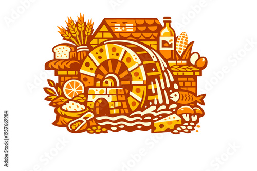 A stylized vector illustration of a traditional watermill surrounded