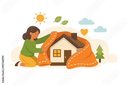 A woman wraps a cozy house in a thick orange blanket in this flat