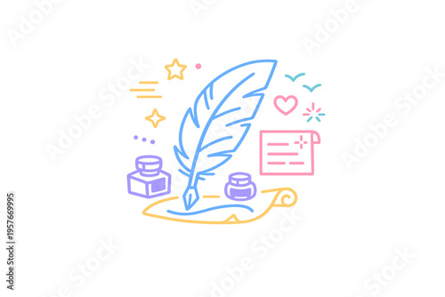 A minimalist line art illustration featuring a blue feather quill