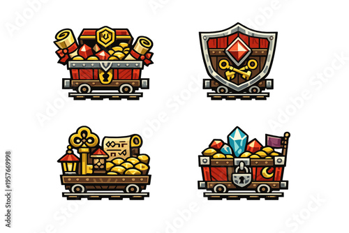 Collection of cartoon mine carts on tracks filled with fantasy loot
