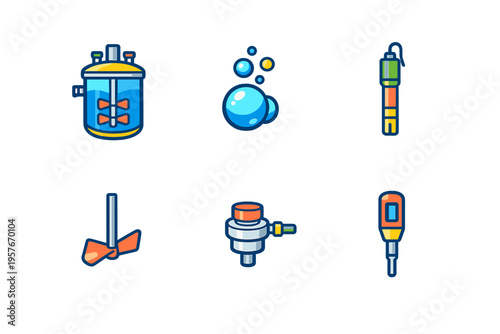 A set of six laboratory and industrial equipment icons featuring a