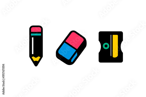 Set of three colorful school stationery icons featuring a black