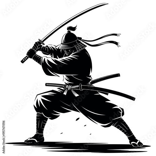 Dynamic silhouette of a samurai warrior in a powerful stance, holding a katana sword, traditional Japanese martial arts illustration