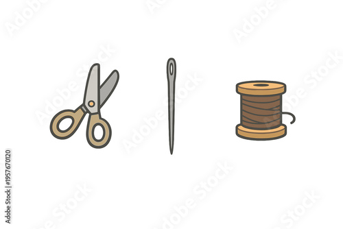 Minimalist vector icons of dressmaking tools featuring scissors, a
