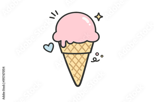 Cute hand-drawn illustration of a single scoop of strawberry ice