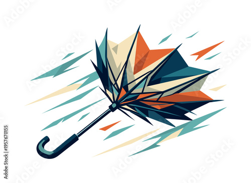 Dynamic Umbrella Flip. Low-poly vector illustration focused on rain umbrella flip during the violent action moment, umbrella fully