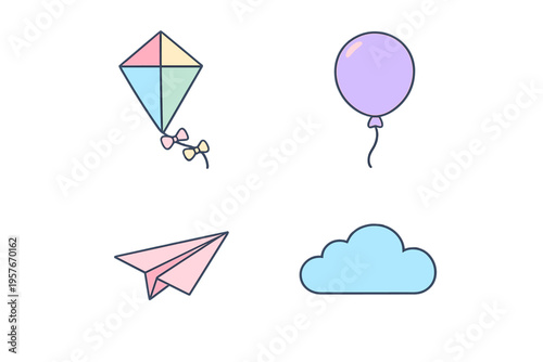 A collection of four pastel-colored sky icons including a kite, a