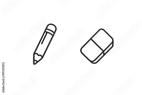 A minimalist black line illustration featuring a pencil and an eraser