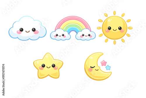 A collection of cute kawaii celestial characters featuring a smiling