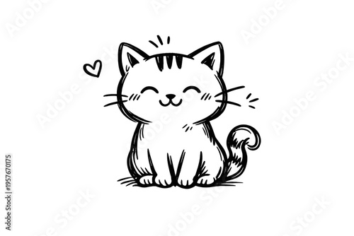 Hand-drawn black and white sketch of a cute happy kitten sitting and