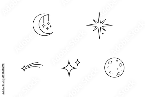 A set of minimalist celestial line art icons featuring a crescent