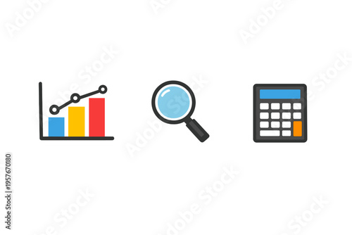 Three flat vector icons representing business data analysis including