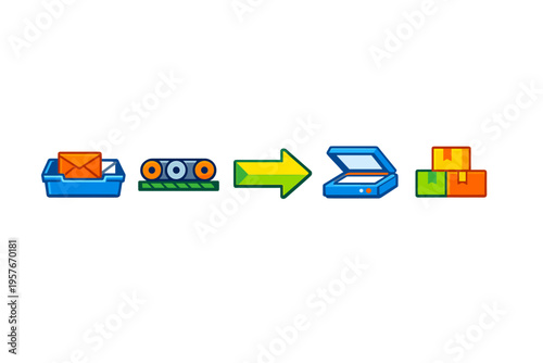 A sequence of colorful vector icons showing an inbox with mail, a